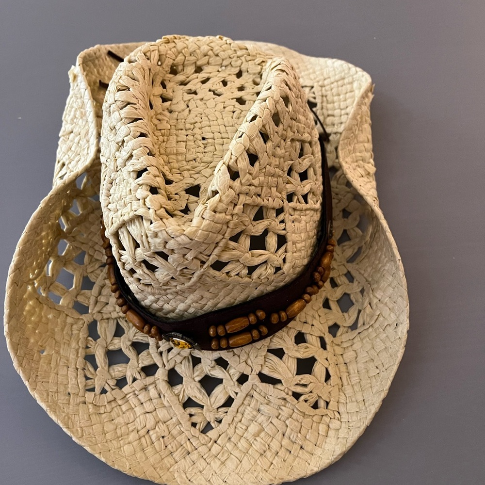 Straw Cowboy Hat with Beaded Band - Cream, adjustable.